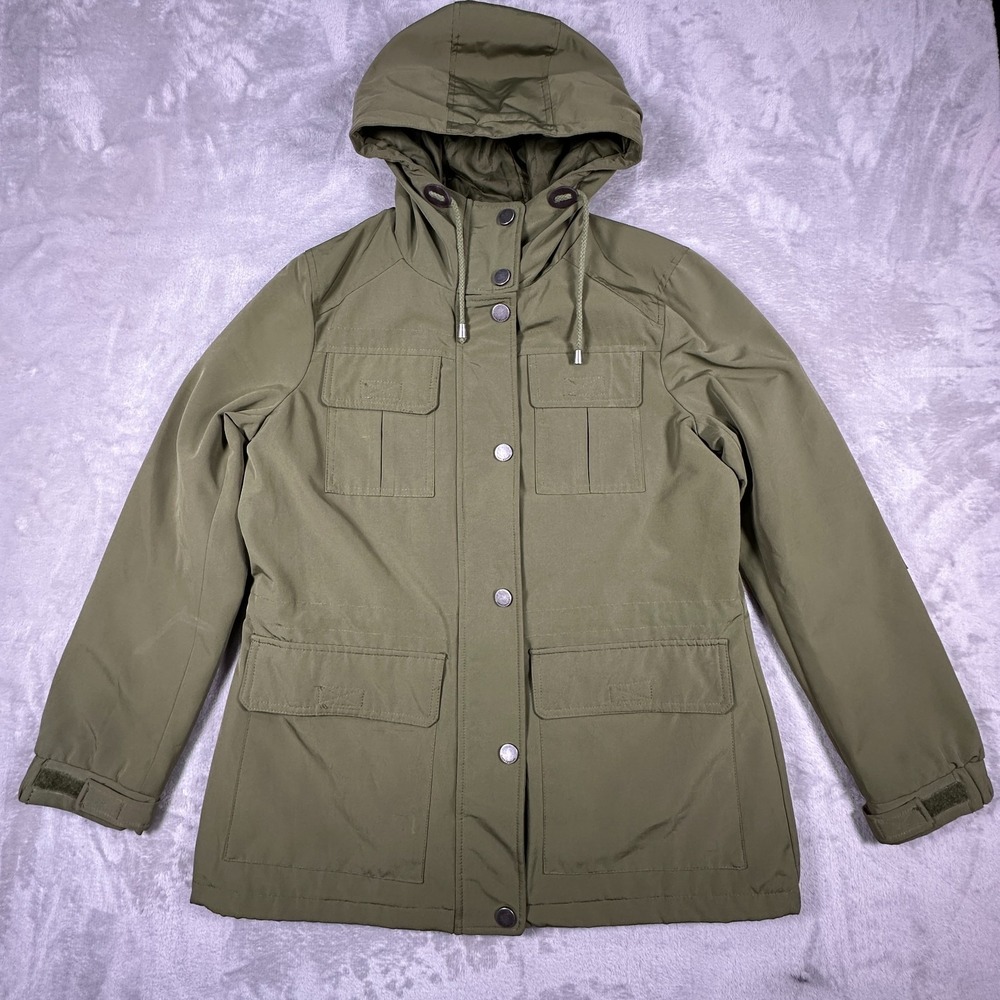 Lucky Brand Twill Anorak Jacket Womens Medium Olive Green Quilted Lined Hooded